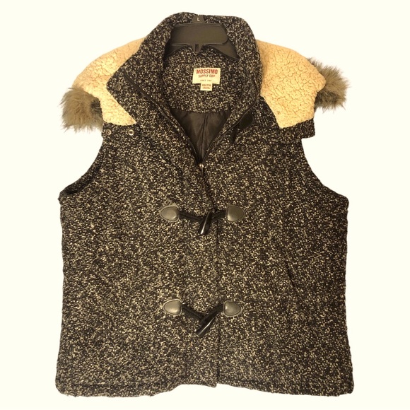 Mossimo Fleece Lined Collar Hood Vest Faux Fur Trim Black Gray Charcoal - Picture 3 of 13